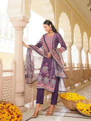 Women Purple Rayon Blend Ethnic Motifs Printed Straight Kurta Trouser With Dupatta-SKSKD3051