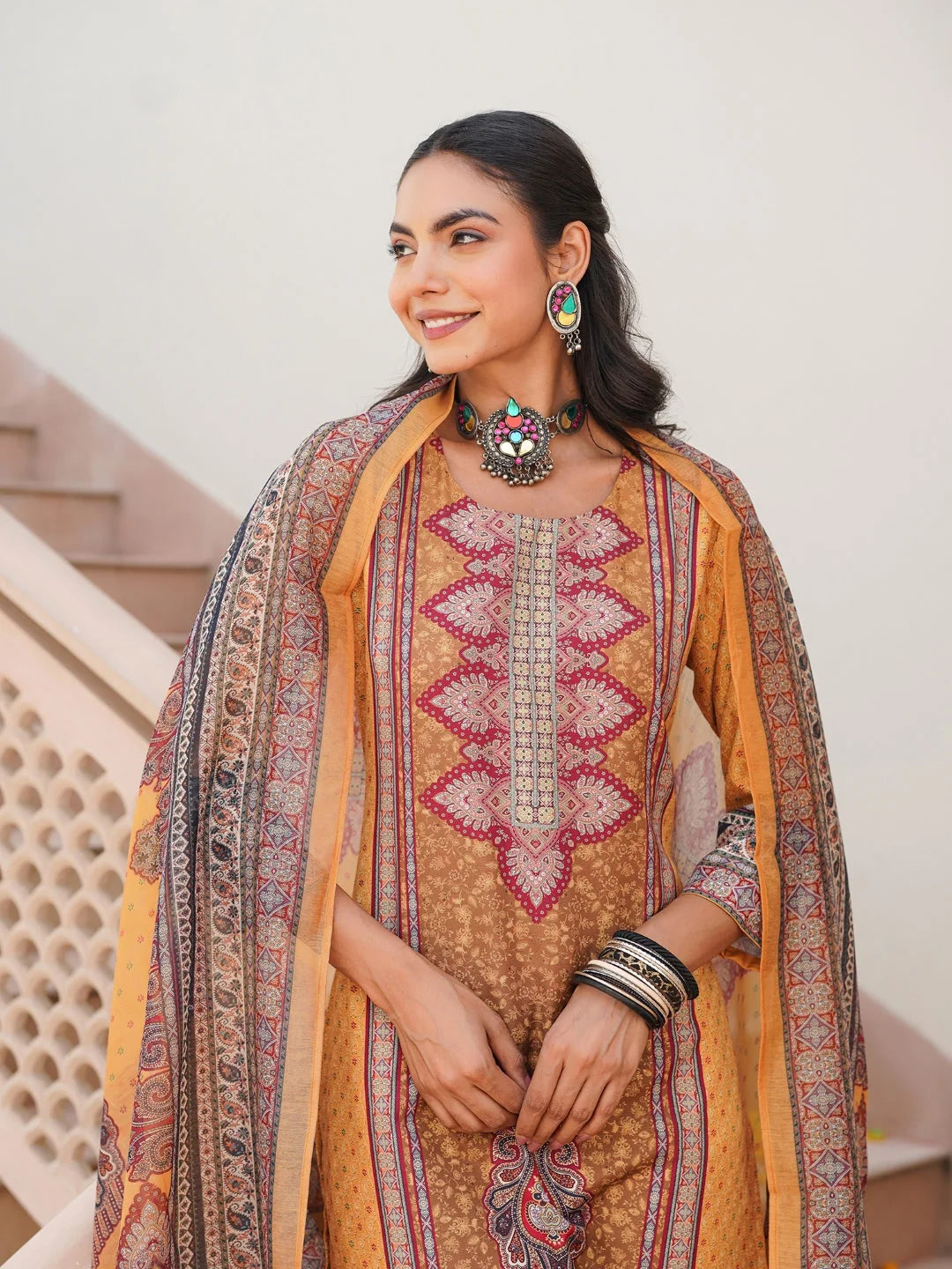 Women Yellow Rayon Blend Ethnic Motifs Printed Straight Kurta Trouser With Dupatta