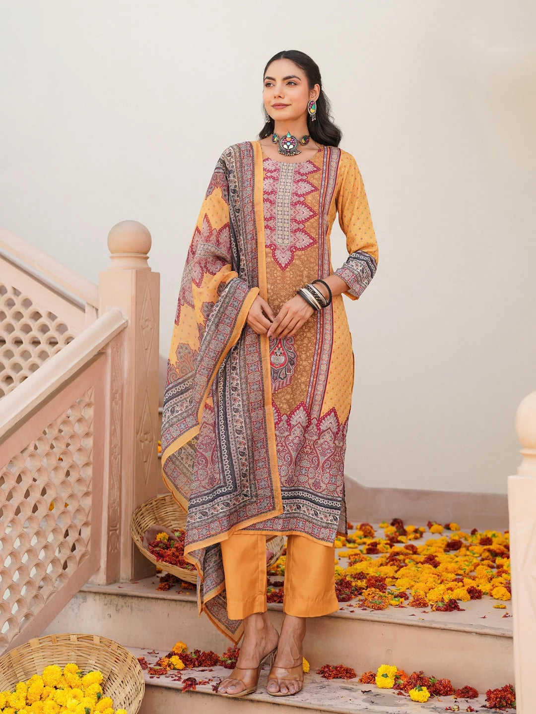 Women Yellow Rayon Blend Ethnic Motifs Printed Straight Kurta Trouser With Dupatta