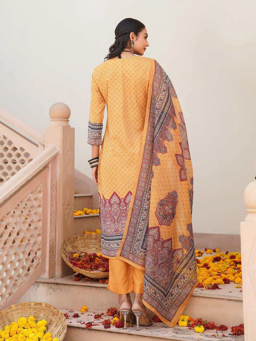 Women Yellow Rayon Blend Ethnic Motifs Printed Straight Kurta Trouser With Dupatta