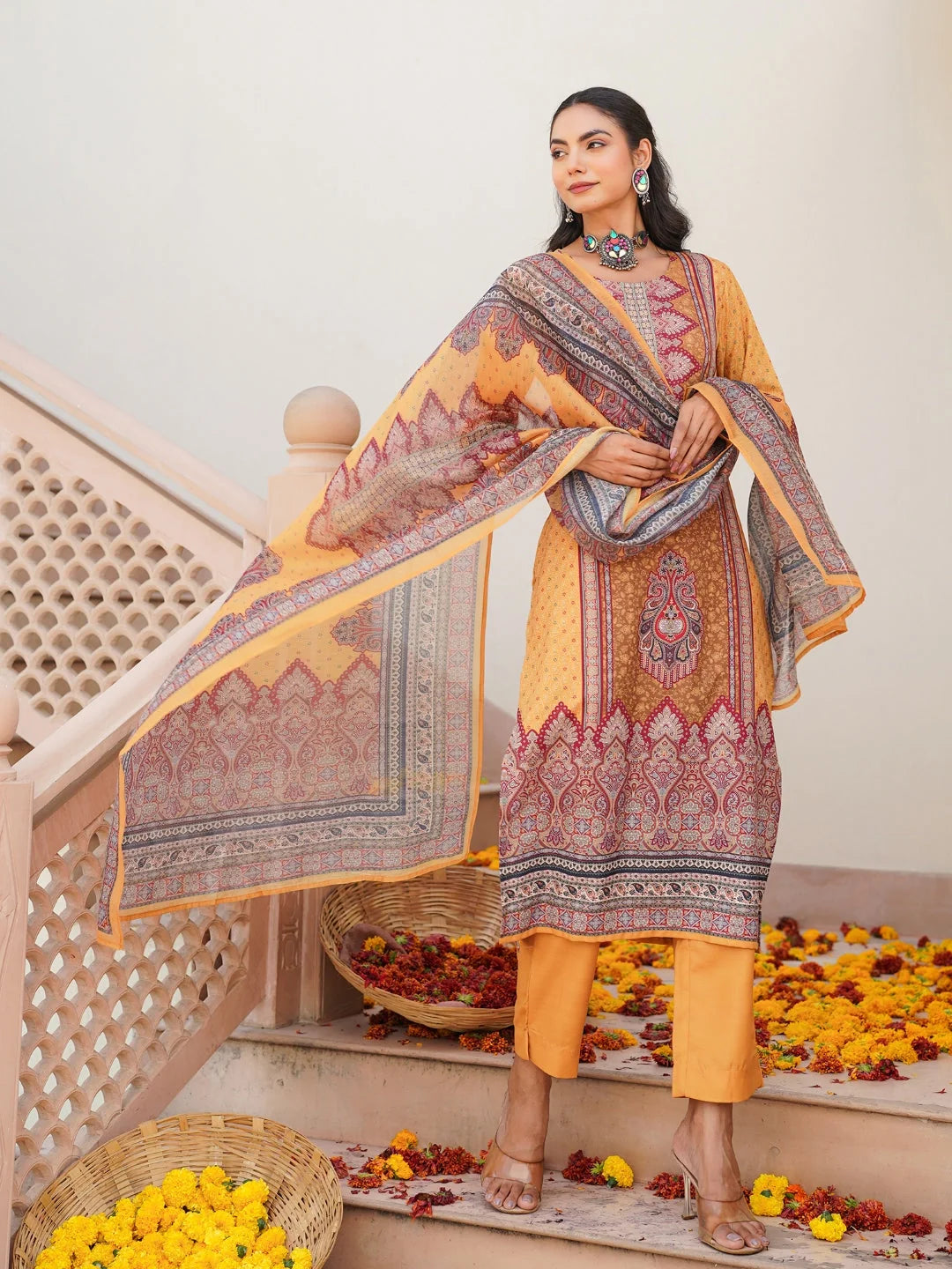 Women Yellow Rayon Blend Ethnic Motifs Printed Straight Kurta Trouser With Dupatta