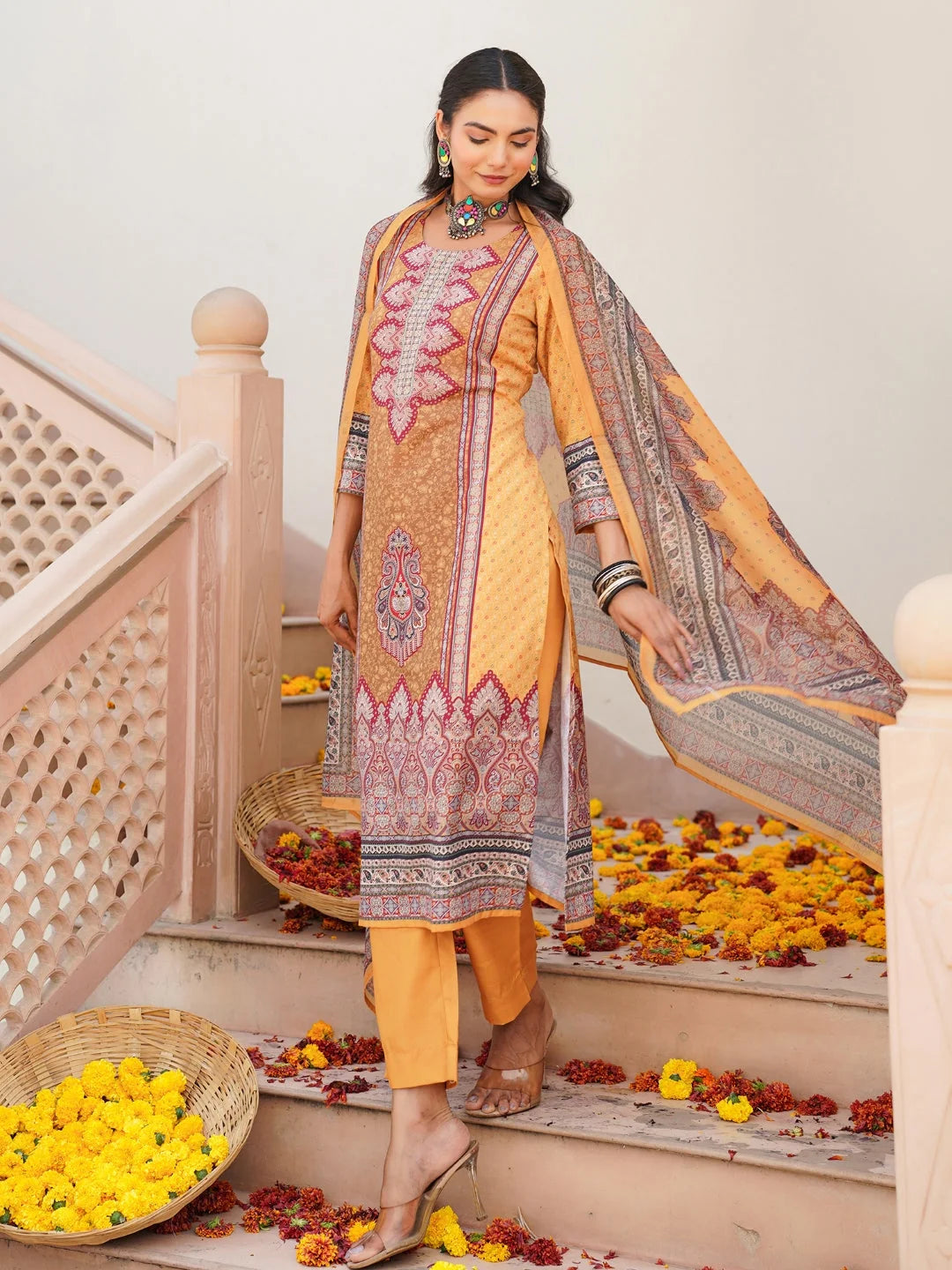 Women Yellow Rayon Blend Ethnic Motifs Printed Straight Kurta Trouser With Dupatta