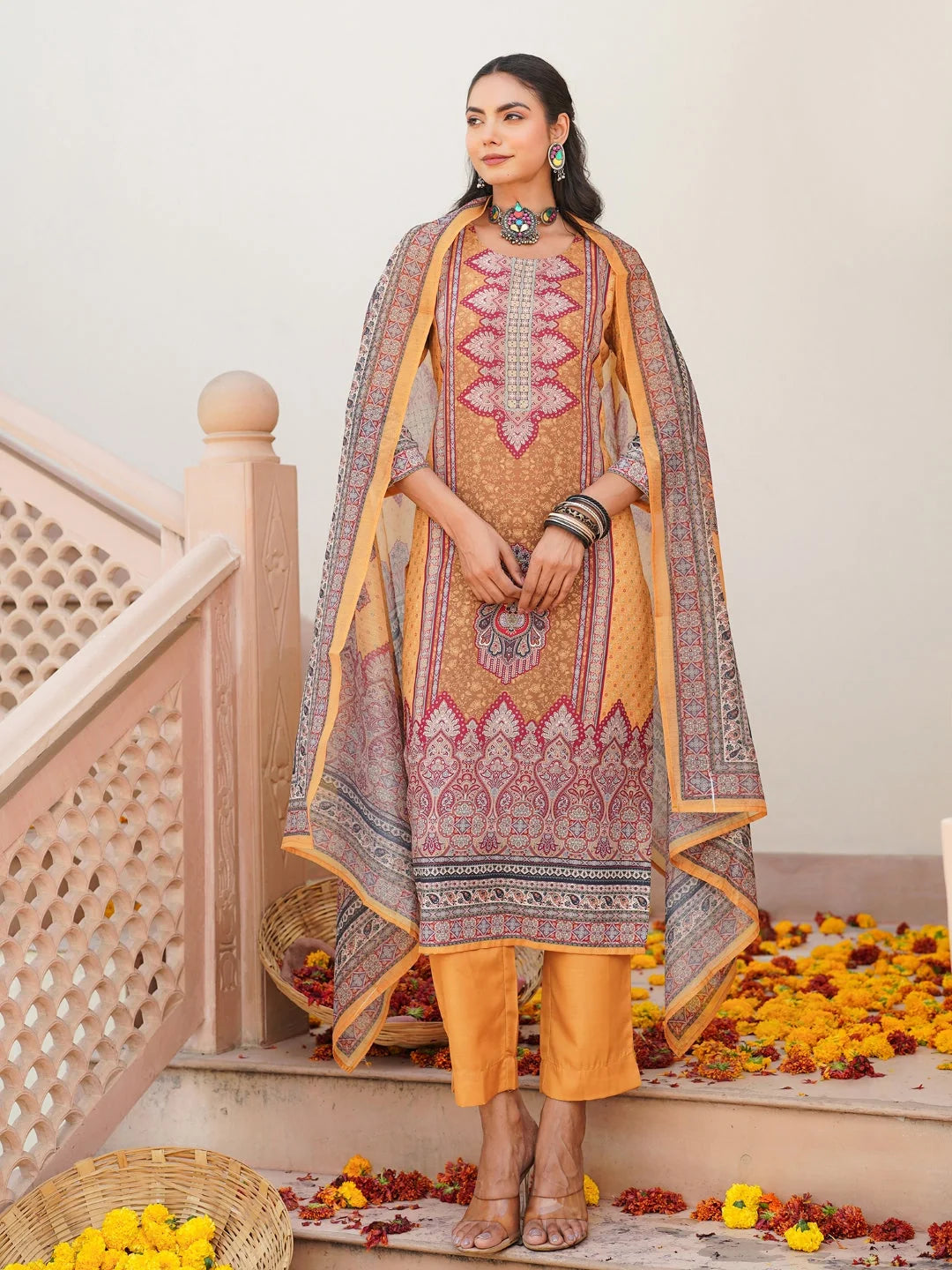 Women Yellow Rayon Blend Ethnic Motifs Printed Straight Kurta Trouser With Dupatta