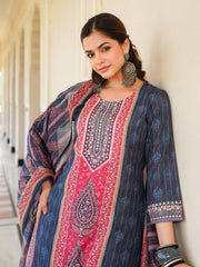 Women Blue Rayon Blend Ethnic Motifs Printed Straight Kurta Trouser With Dupatta-SKSKD3053