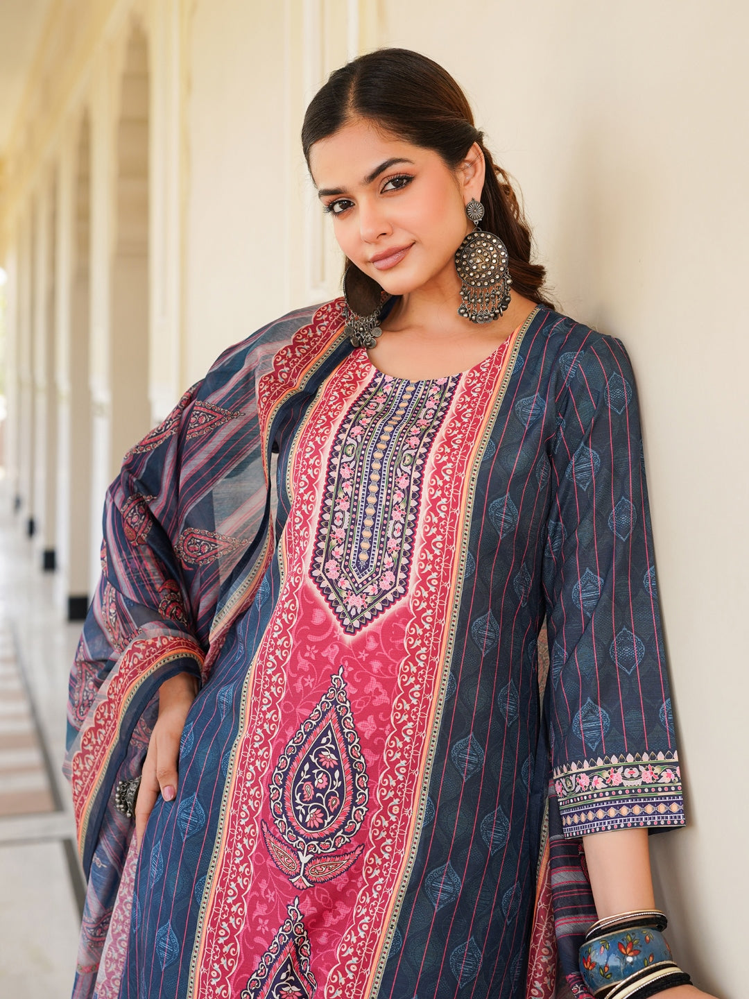 Women Blue Rayon Blend Ethnic Motifs Printed Straight Kurta Trouser With Dupatta