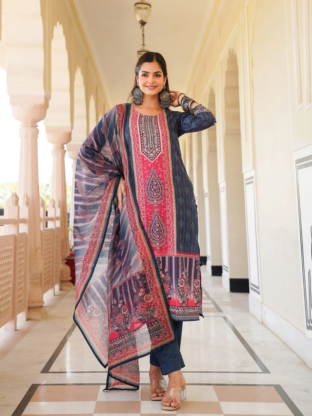 Women Blue Rayon Blend Ethnic Motifs Printed Straight Kurta Trouser With Dupatta