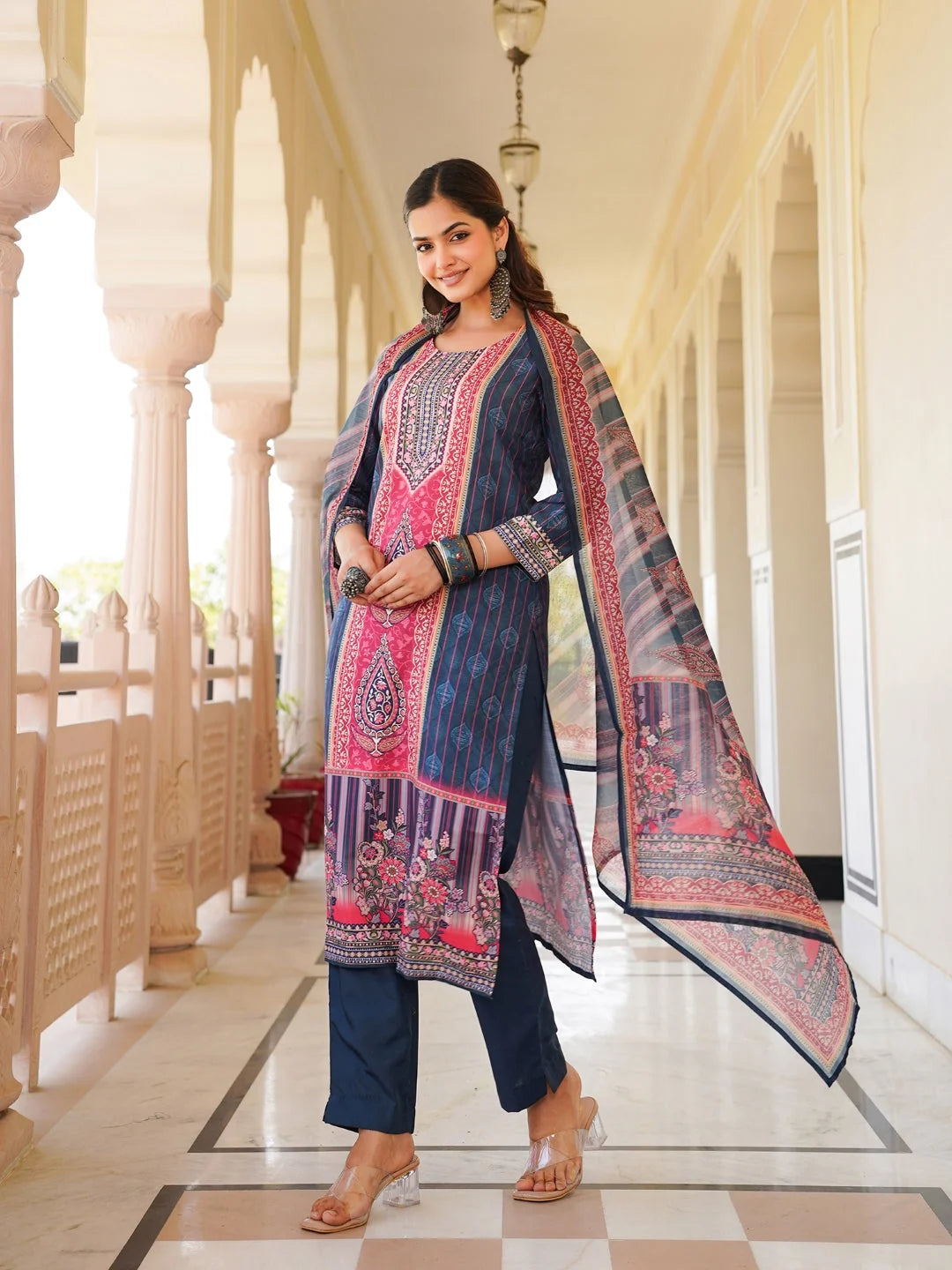 Women Blue Rayon Blend Ethnic Motifs Printed Straight Kurta Trouser With Dupatta