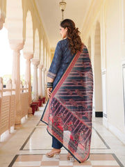 Women Blue Rayon Blend Ethnic Motifs Printed Straight Kurta Trouser With Dupatta-SKSKD3053