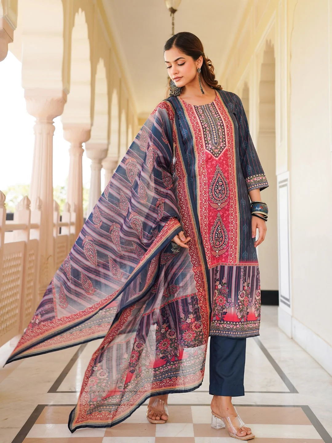 Women Blue Rayon Blend Ethnic Motifs Printed Straight Kurta Trouser With Dupatta