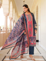 Women Blue Rayon Blend Ethnic Motifs Printed Straight Kurta Trouser With Dupatta-SKSKD3053