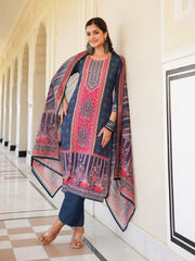 Women Blue Rayon Blend Ethnic Motifs Printed Straight Kurta Trouser With Dupatta-SKSKD3053