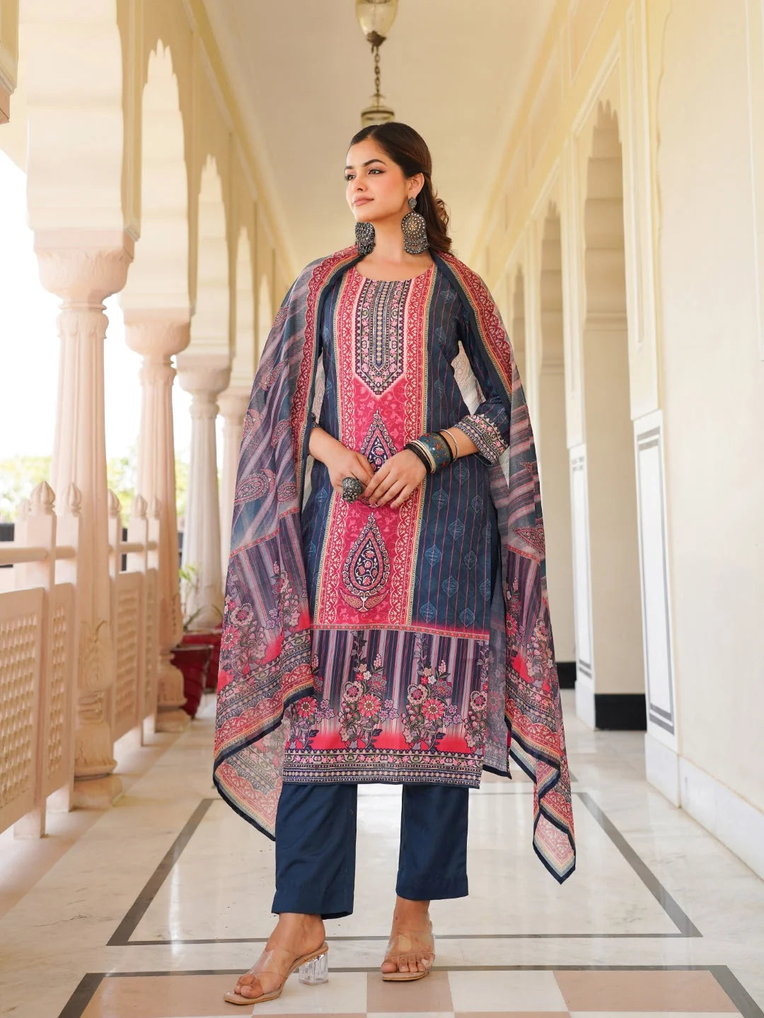 Women Blue Rayon Blend Ethnic Motifs Printed Straight Kurta Trouser With Dupatta