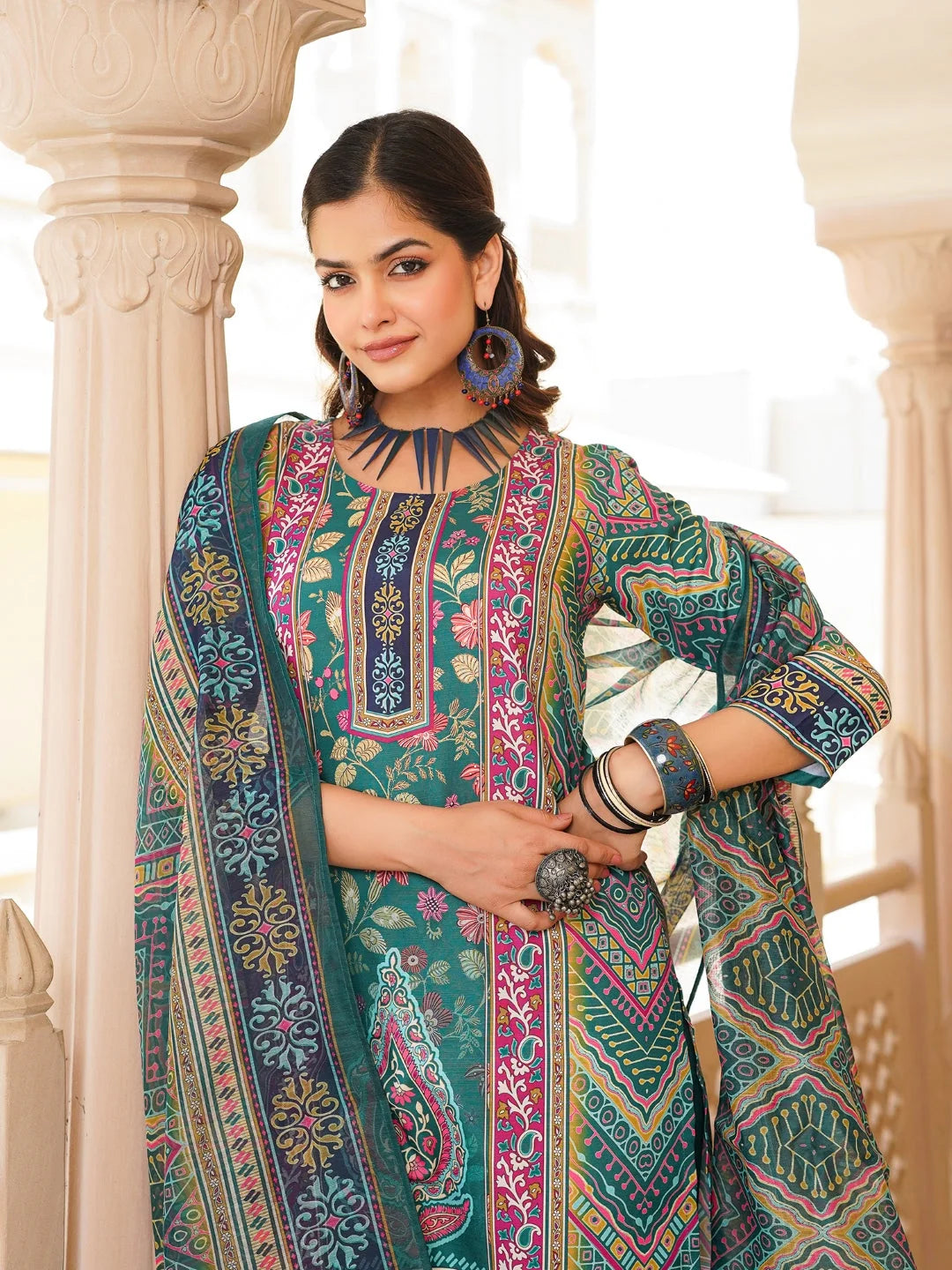 Women Teal Rayon Blend Ethnic Motifs Printed Straight Kurta Trouser With Dupatta-SKSKD3054