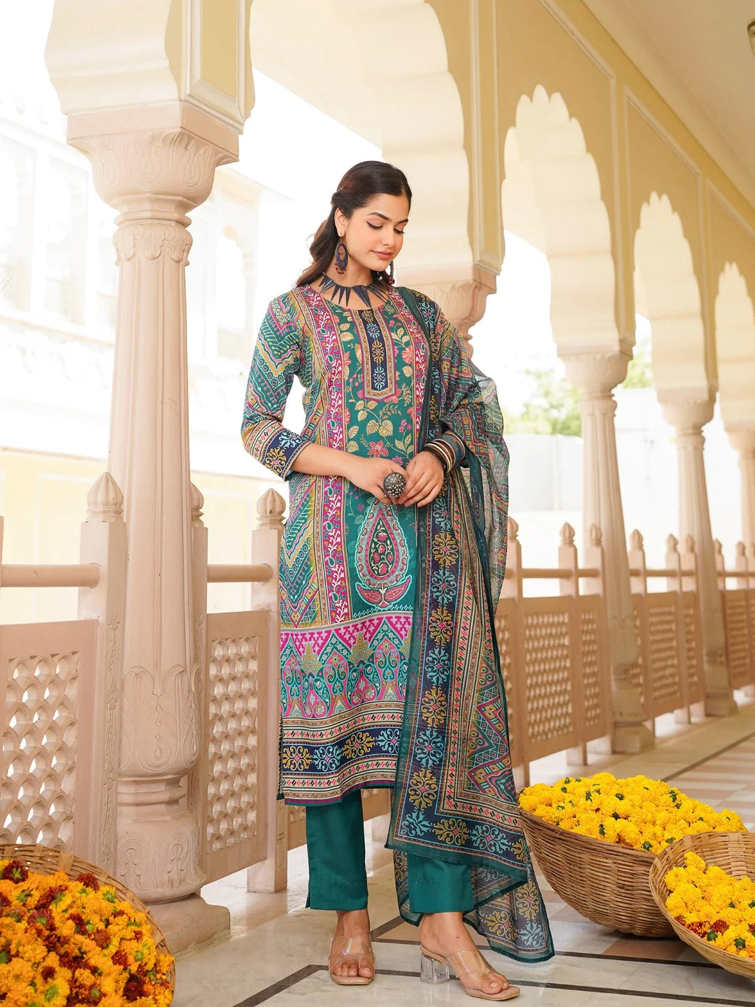 Women Teal Rayon Blend Ethnic Motifs Printed Straight Kurta Trouser With Dupatta