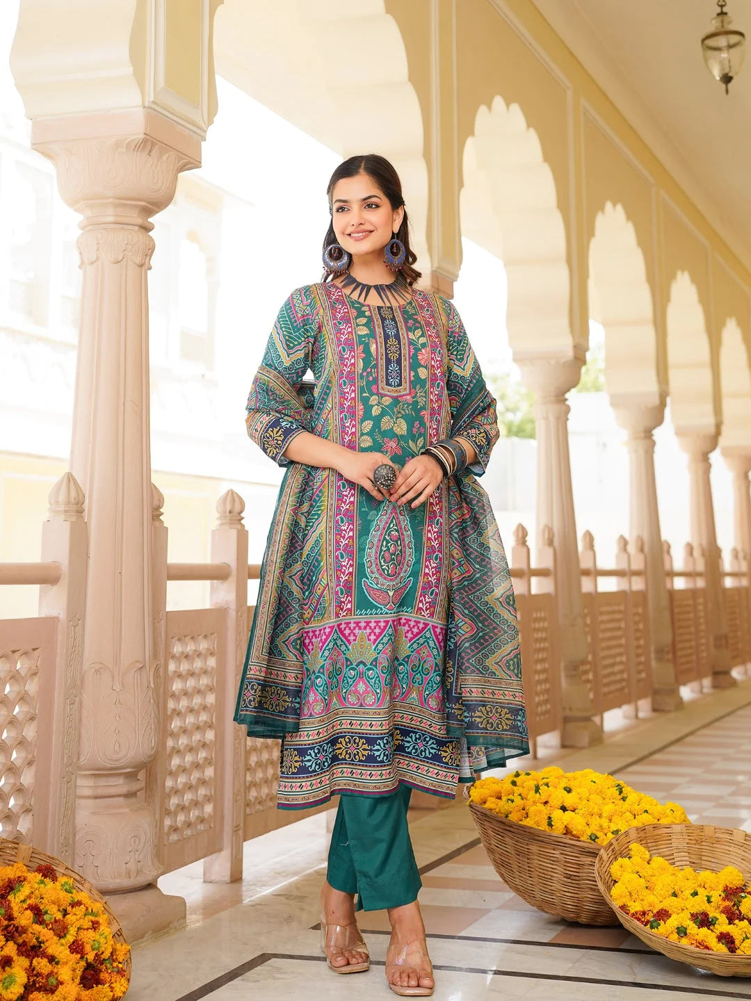 Women Teal Rayon Blend Ethnic Motifs Printed Straight Kurta Trouser With Dupatta