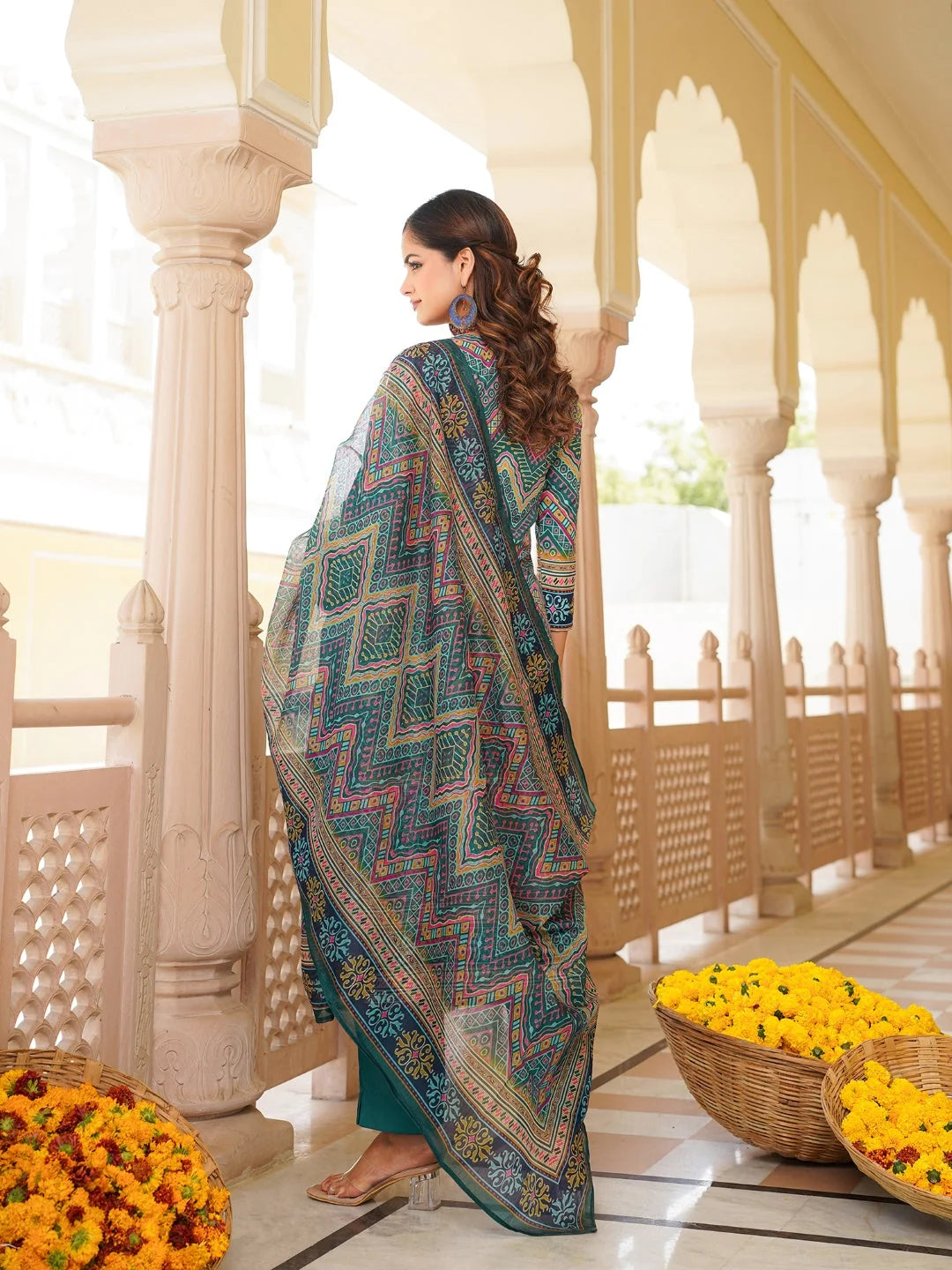 Women Teal Rayon Blend Ethnic Motifs Printed Straight Kurta Trouser With Dupatta