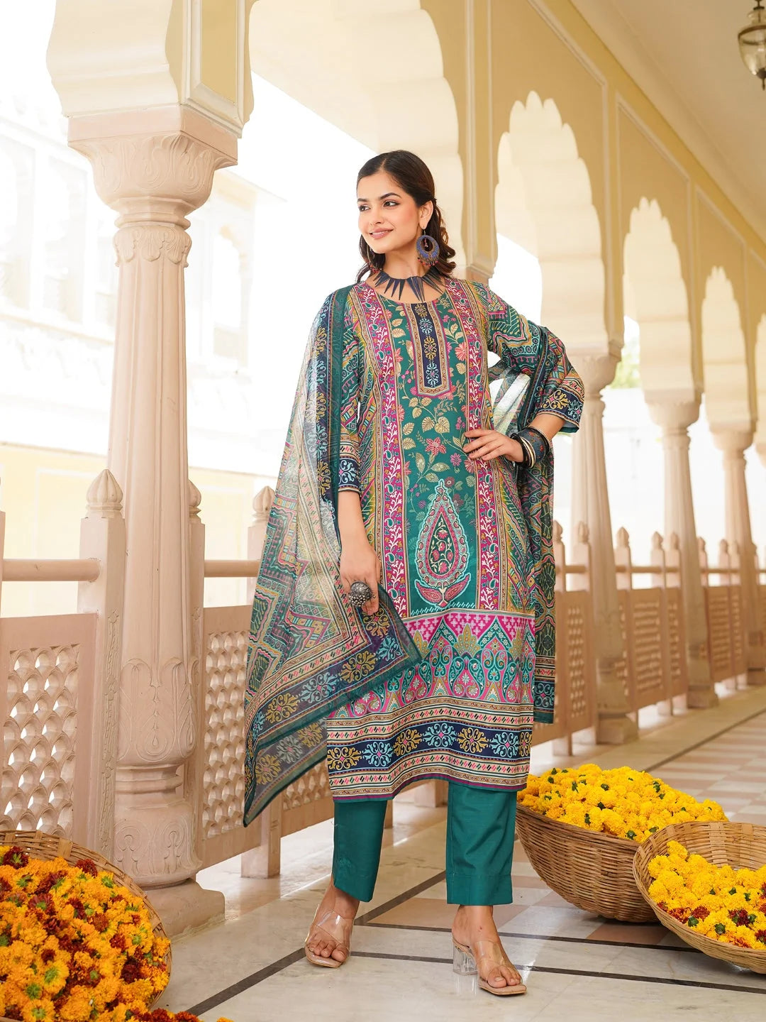 Women Teal Rayon Blend Ethnic Motifs Printed Straight Kurta Trouser With Dupatta