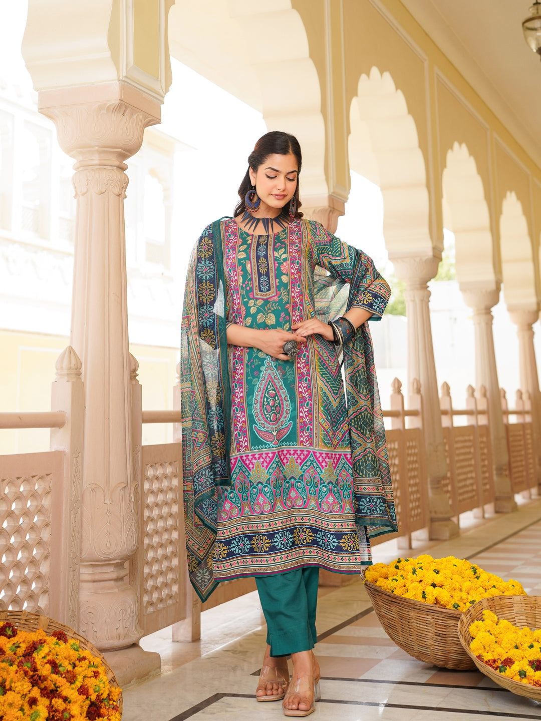 Women Teal Rayon Blend Ethnic Motifs Printed Straight Kurta Trouser With Dupatta