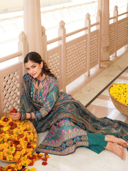 Women Teal Rayon Blend Ethnic Motifs Printed Straight Kurta Trouser With Dupatta-SKSKD3054