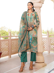 Women Green Rayon Blend Ethnic Motifs Printed Straight Kurta Trouser With Dupatta-SKSKD3055