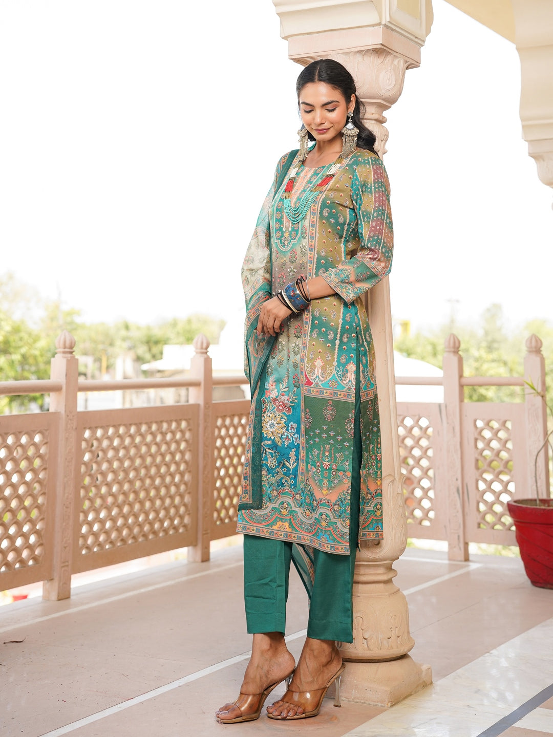 Women Green Rayon Blend Ethnic Motifs Printed Straight Kurta Trouser With Dupatta