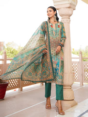 Women Green Rayon Blend Ethnic Motifs Printed Straight Kurta Trouser With Dupatta-SKSKD3055