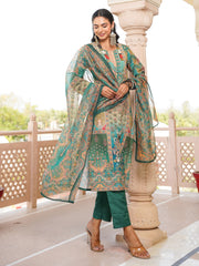 Women Green Rayon Blend Ethnic Motifs Printed Straight Kurta Trouser With Dupatta-SKSKD3055