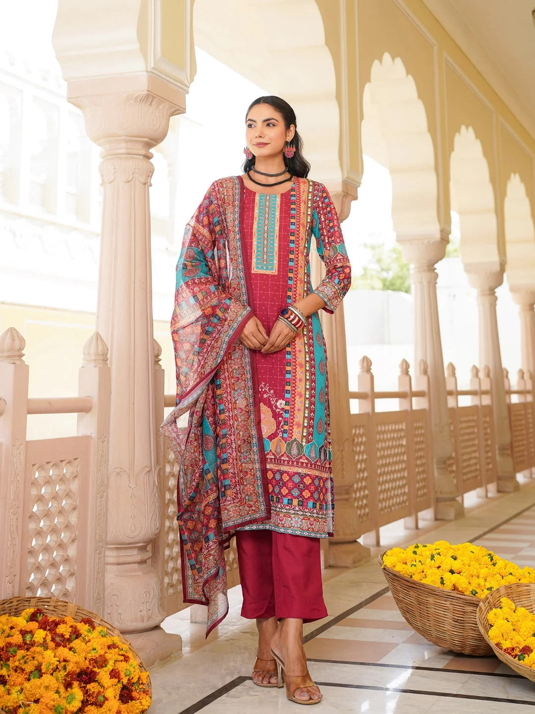 Women Maroon Rayon Blend Ethnic Motifs Printed Straight Kurta Trouser With Dupatta