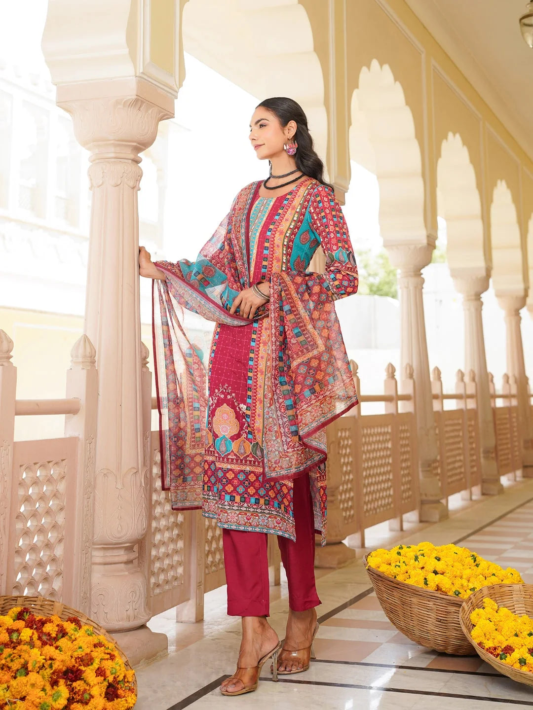 Women Maroon Rayon Blend Ethnic Motifs Printed Straight Kurta Trouser With Dupatta