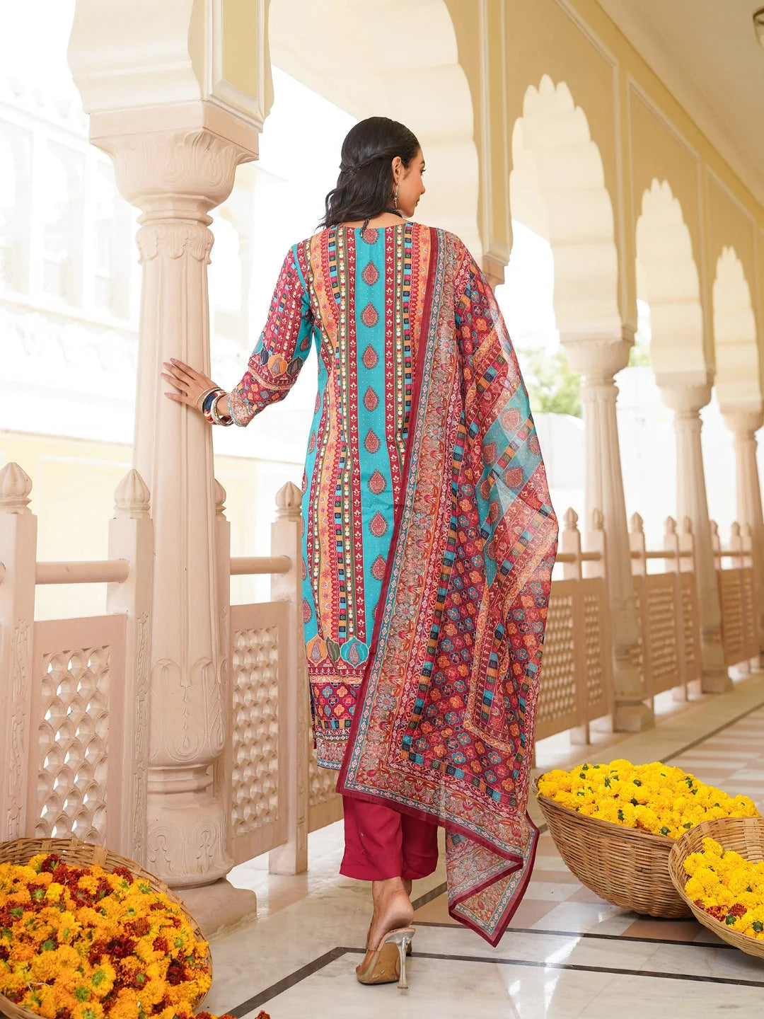 Women Maroon Rayon Blend Ethnic Motifs Printed Straight Kurta Trouser With Dupatta