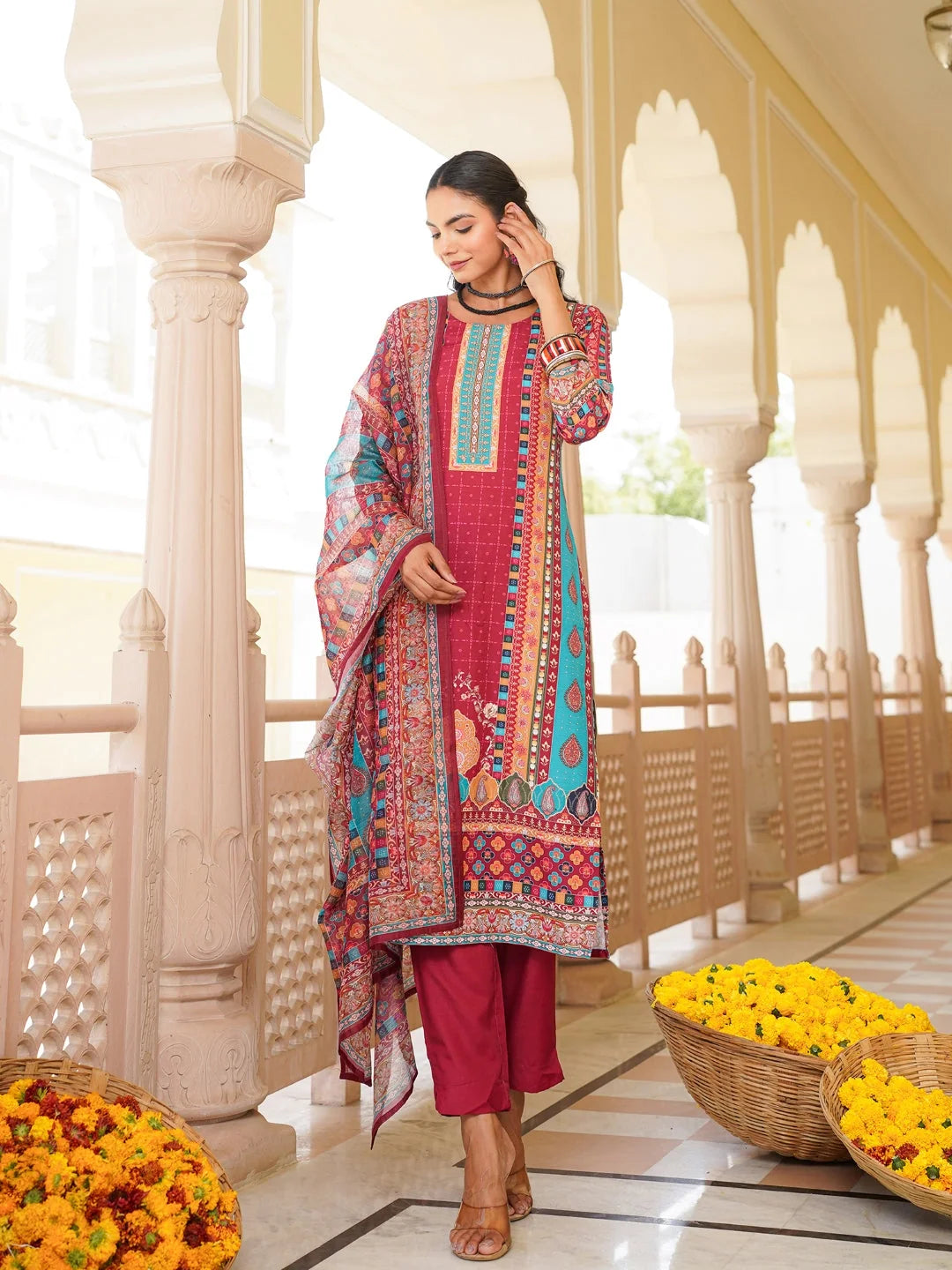 Women Maroon Rayon Blend Ethnic Motifs Printed Straight Kurta Trouser With Dupatta