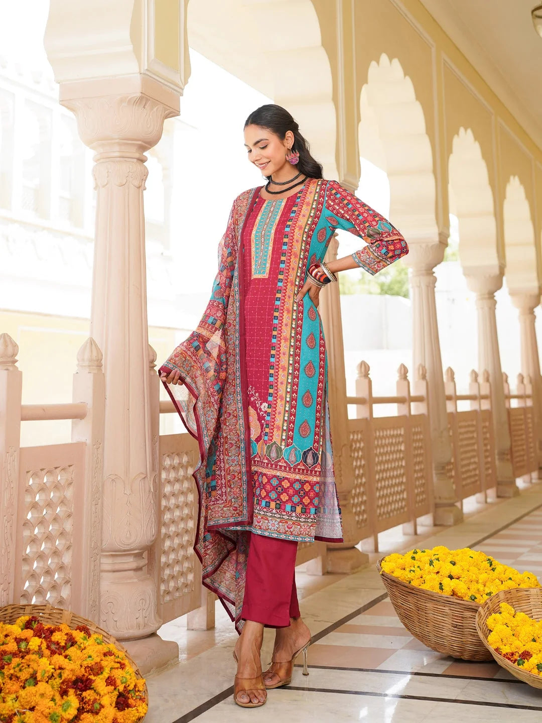 Women Maroon Rayon Blend Ethnic Motifs Printed Straight Kurta Trouser With Dupatta