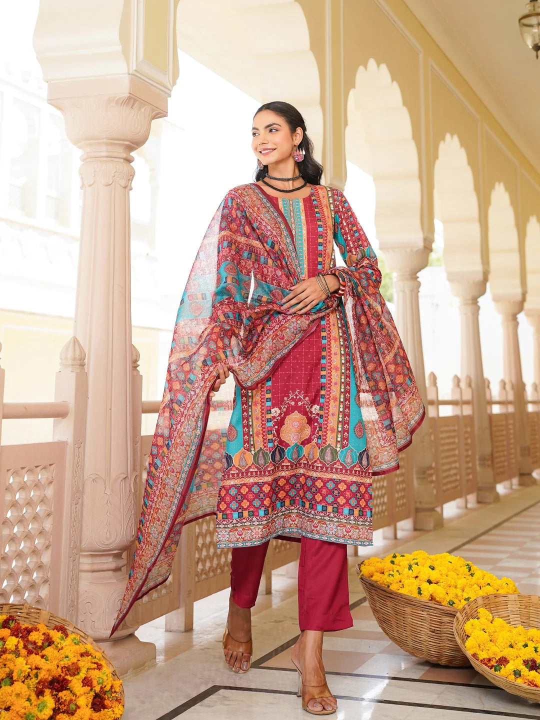 Women Maroon Rayon Blend Ethnic Motifs Printed Straight Kurta Trouser With Dupatta