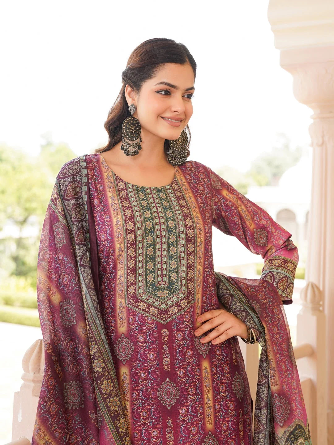 Women Purple Rayon Blend Ethnic Motifs Printed Straight Kurta Trouser With Dupatta