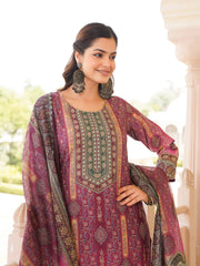Women Purple Rayon Blend Ethnic Motifs Printed Straight Kurta Trouser With Dupatta-SKSKD3057