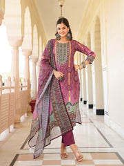 Women Purple Rayon Blend Ethnic Motifs Printed Straight Kurta Trouser With Dupatta-SKSKD3057