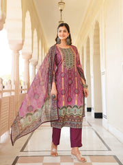 Women Purple Rayon Blend Ethnic Motifs Printed Straight Kurta Trouser With Dupatta-SKSKD3057