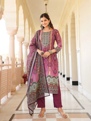 Women Purple Rayon Blend Ethnic Motifs Printed Straight Kurta Trouser With Dupatta-SKSKD3057