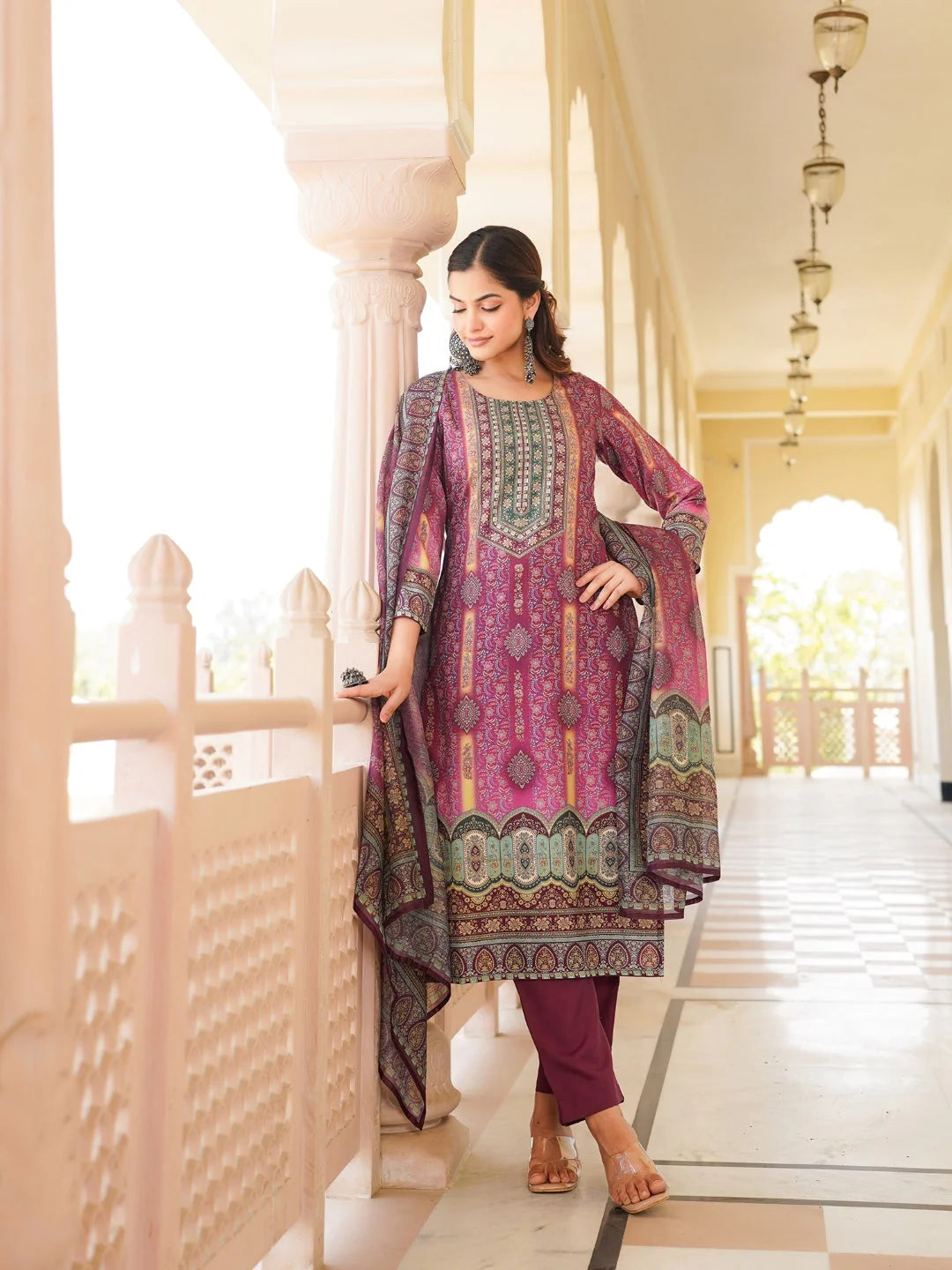 Women Purple Rayon Blend Ethnic Motifs Printed Straight Kurta Trouser With Dupatta