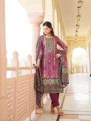 Women Purple Rayon Blend Ethnic Motifs Printed Straight Kurta Trouser With Dupatta-SKSKD3057