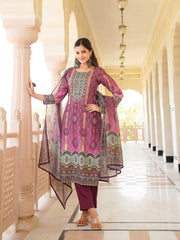 Women Purple Rayon Blend Ethnic Motifs Printed Straight Kurta Trouser With Dupatta-SKSKD3057