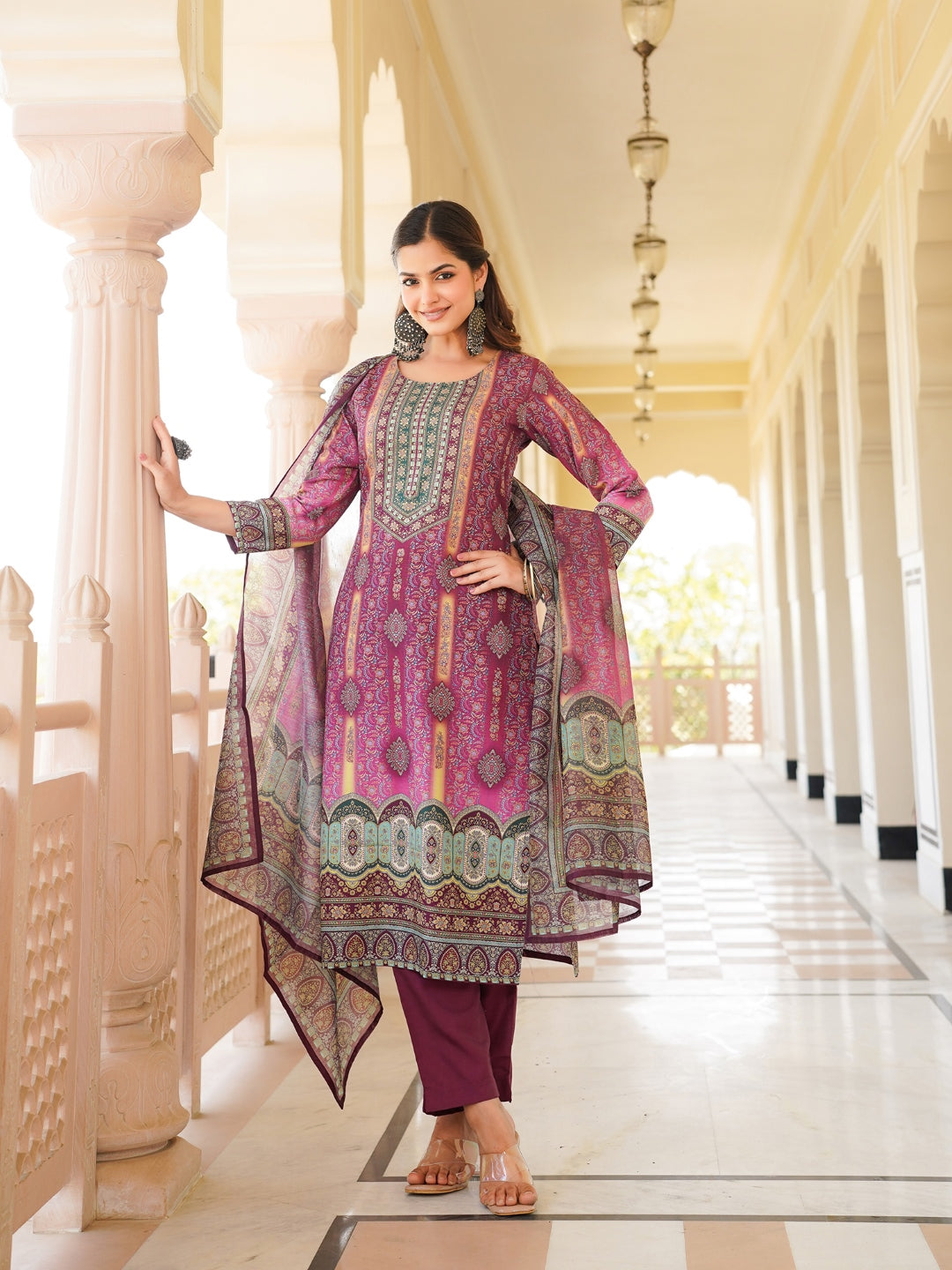 Women Purple Rayon Blend Ethnic Motifs Printed Straight Kurta Trouser With Dupatta