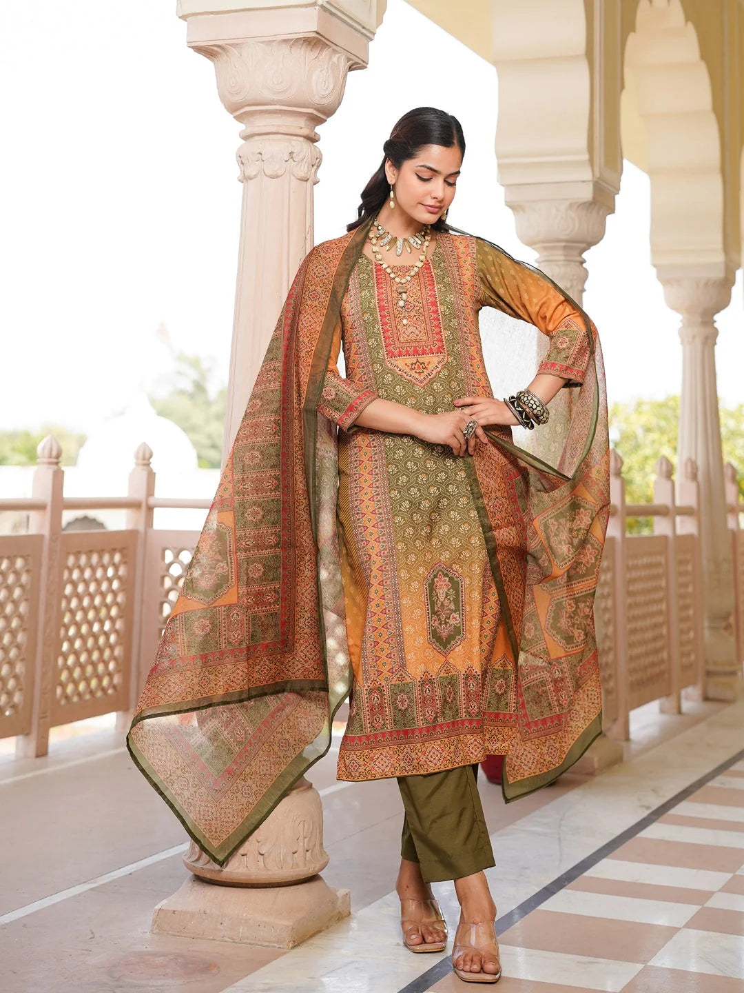 Women Olive Rayon Blend Ethnic Motifs Printed Straight Kurta Trouser With Dupatta