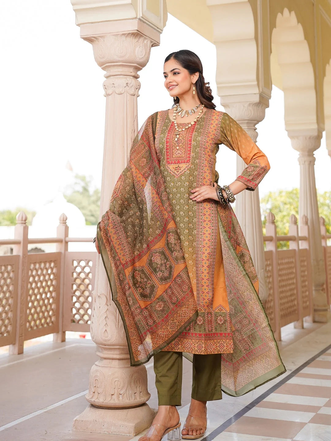 Women Olive Rayon Blend Ethnic Motifs Printed Straight Kurta Trouser With Dupatta