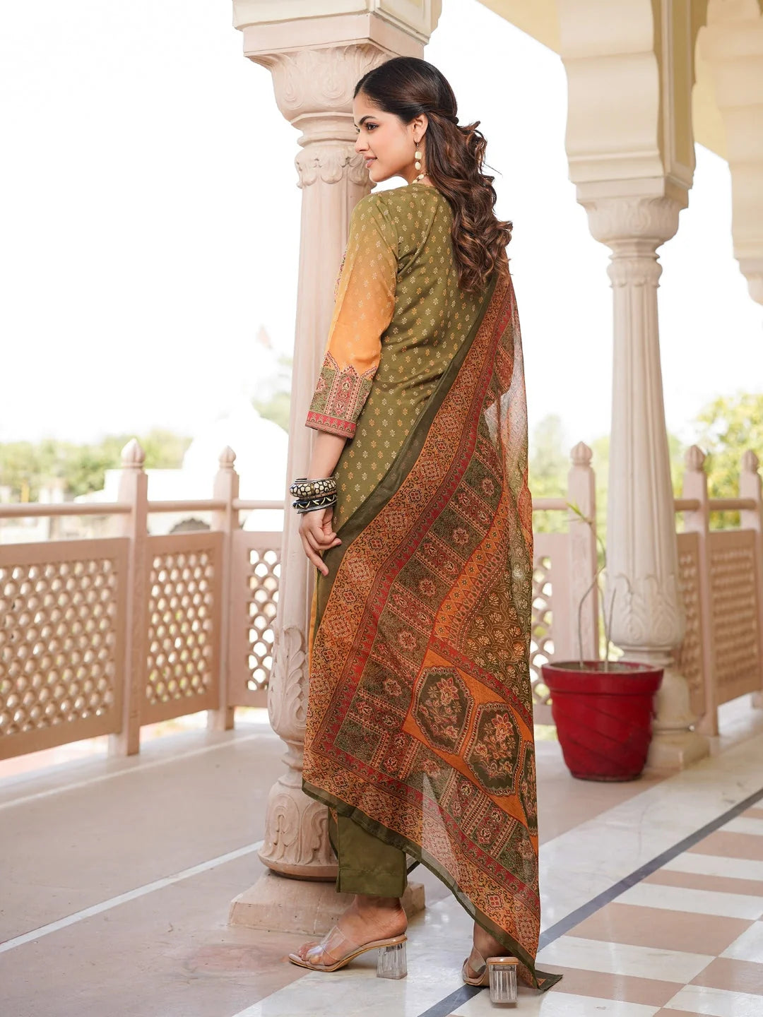 Women Olive Rayon Blend Ethnic Motifs Printed Straight Kurta Trouser With Dupatta