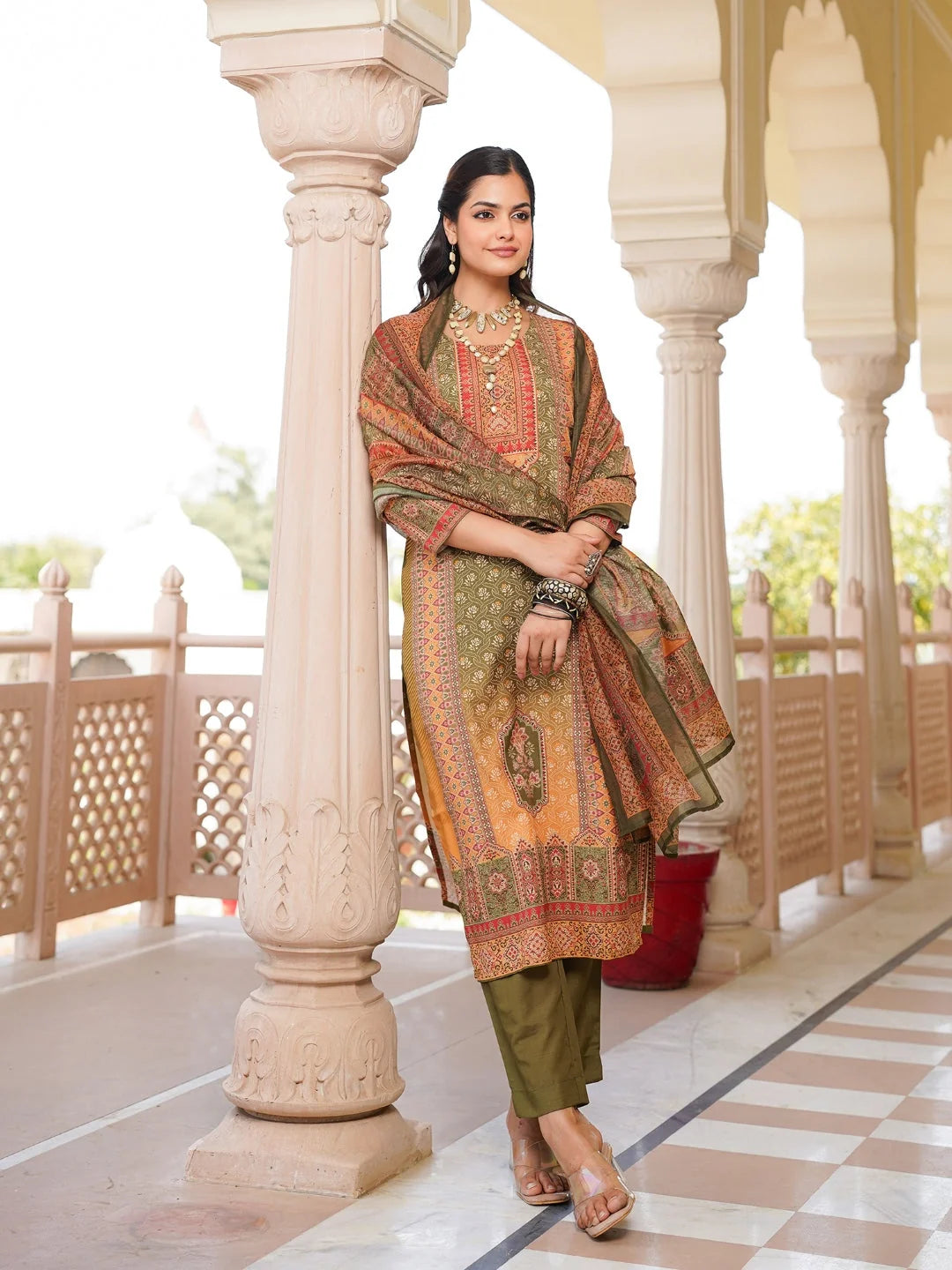 Women Olive Rayon Blend Ethnic Motifs Printed Straight Kurta Trouser With Dupatta