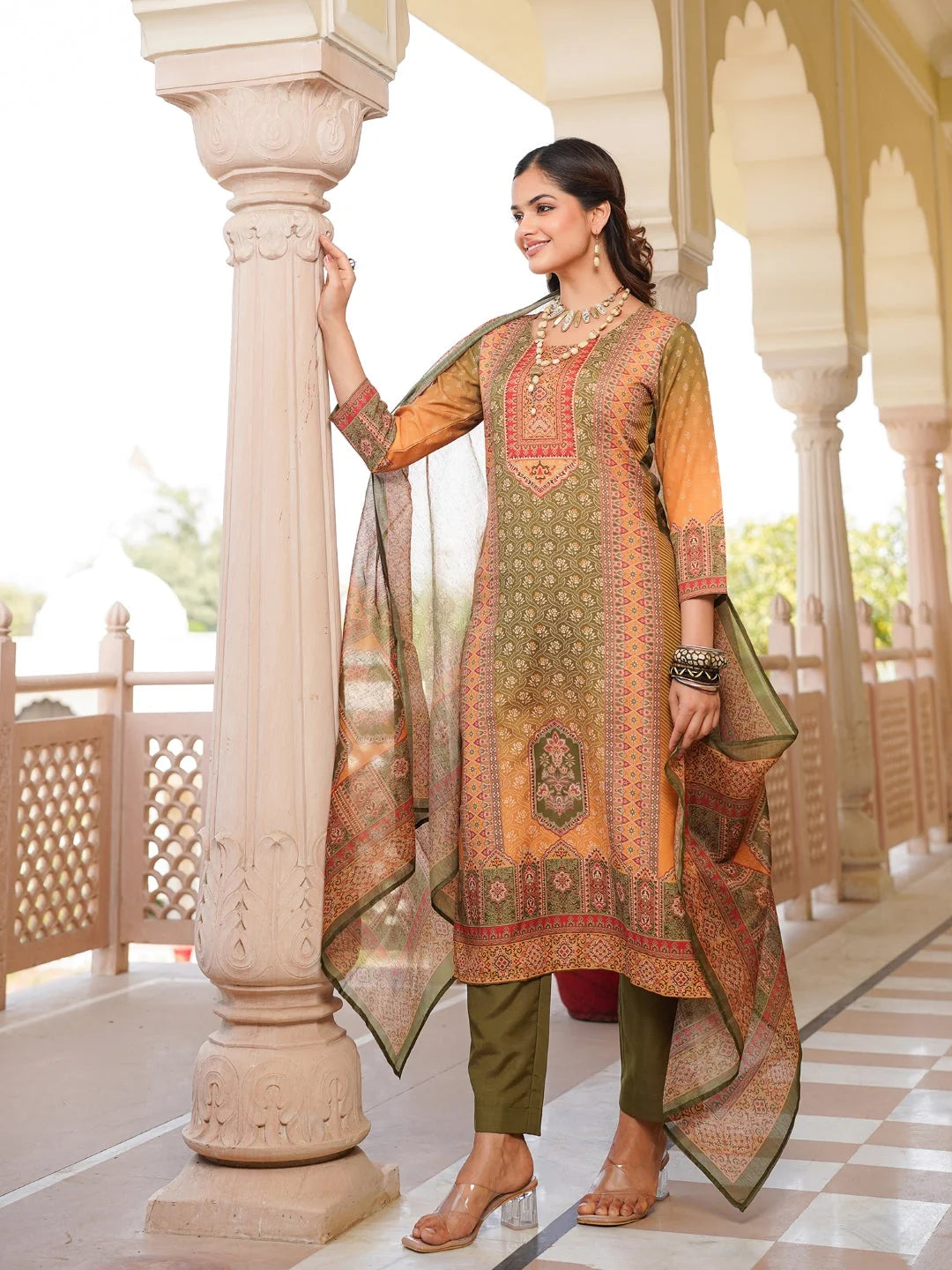 Women Olive Rayon Blend Ethnic Motifs Printed Straight Kurta Trouser With Dupatta