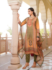 Women Olive Rayon Blend Ethnic Motifs Printed Straight Kurta Trouser With Dupatta-SKSKD3058