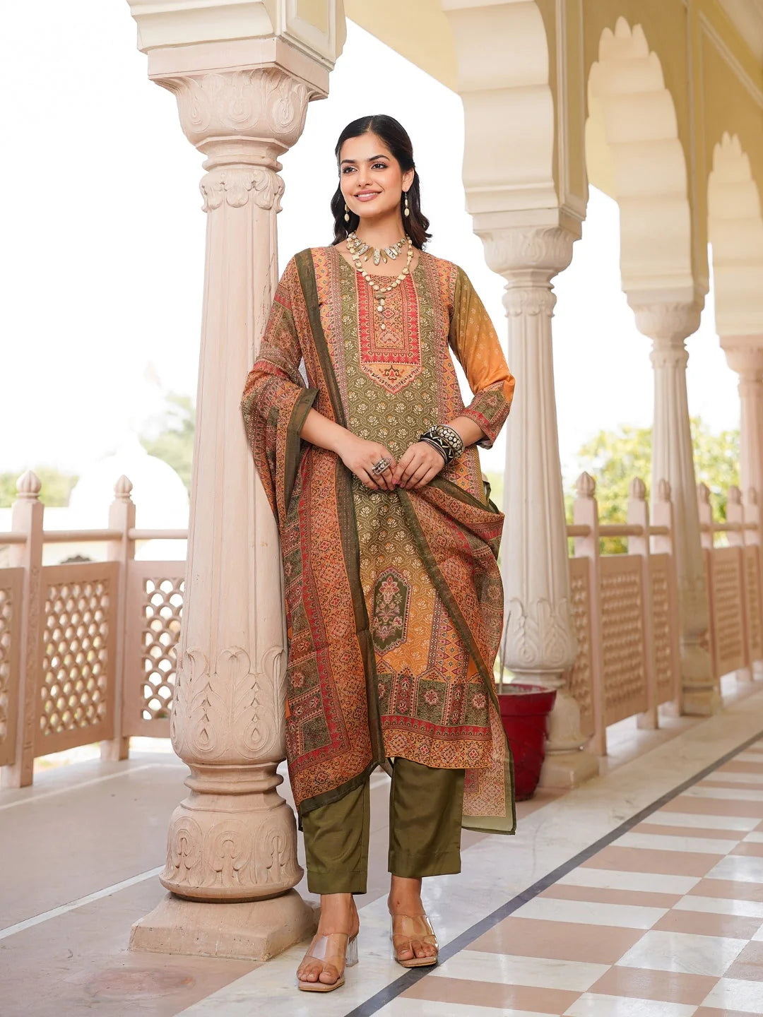 Women Olive Rayon Blend Ethnic Motifs Printed Straight Kurta Trouser With Dupatta