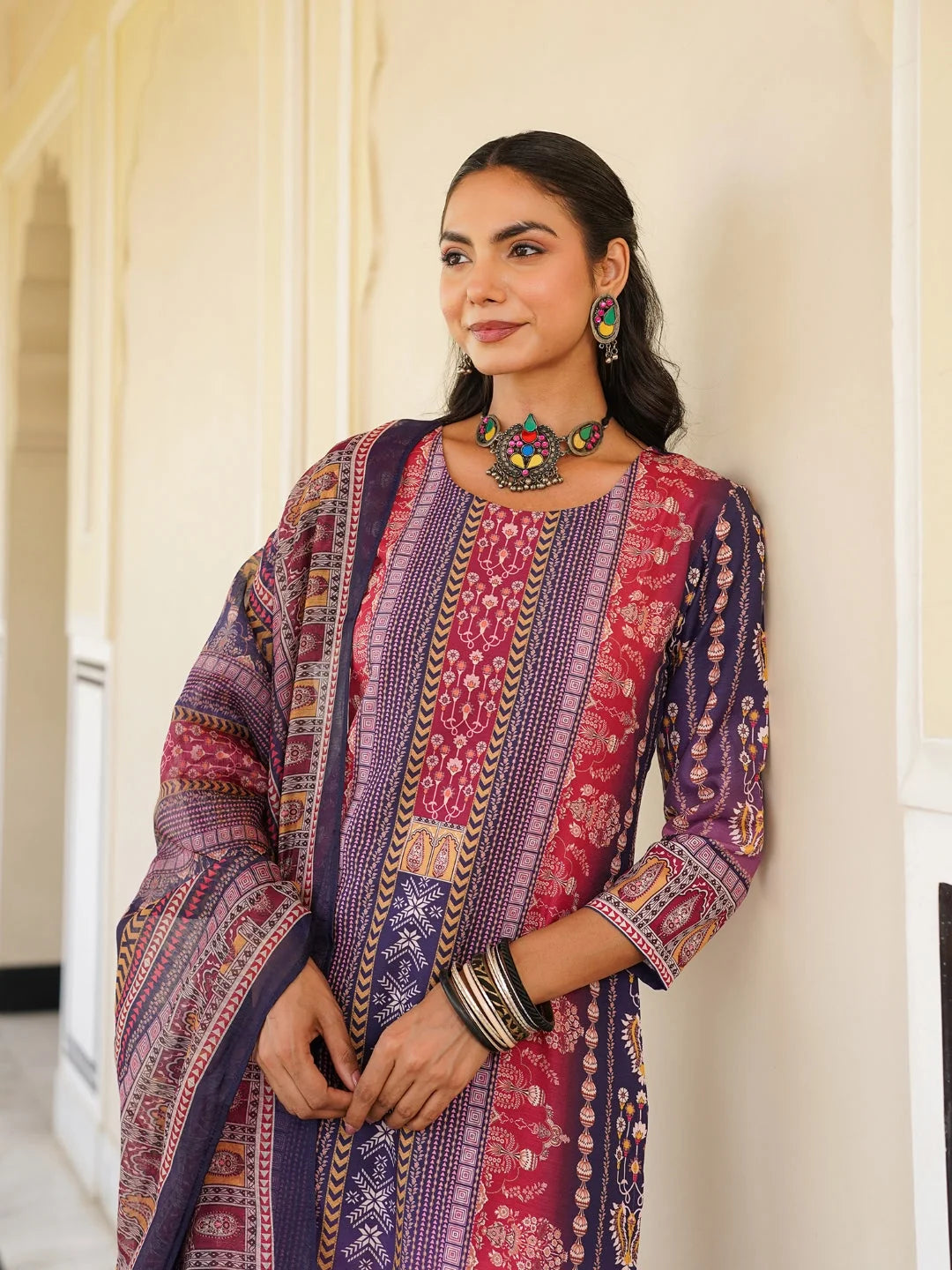 Women Purple Rayon Blend Ethnic Motifs Printed Straight Kurta Trouser With Dupatta